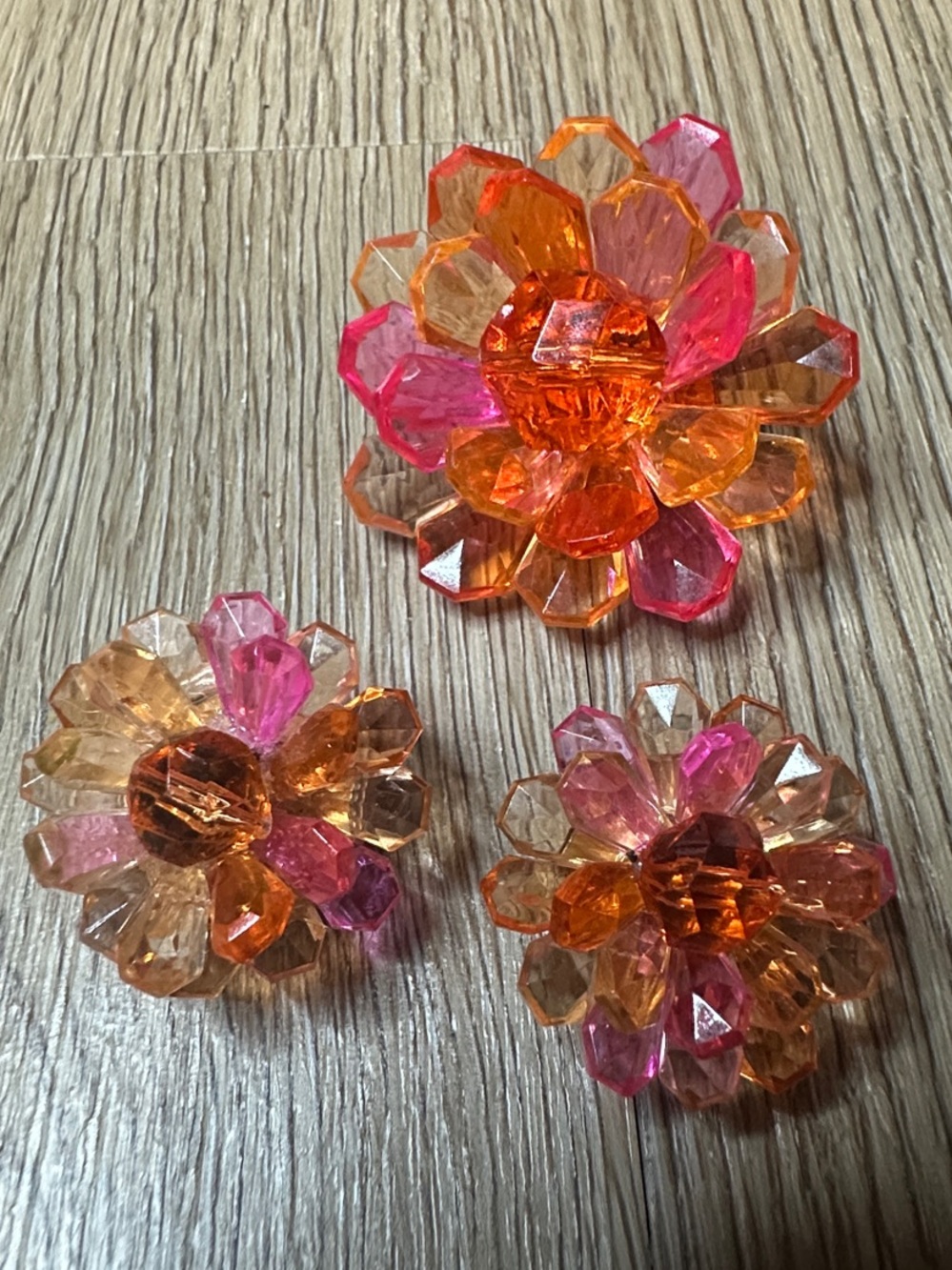Vintage Pink and Orange Floral Cluster Earrings Set
